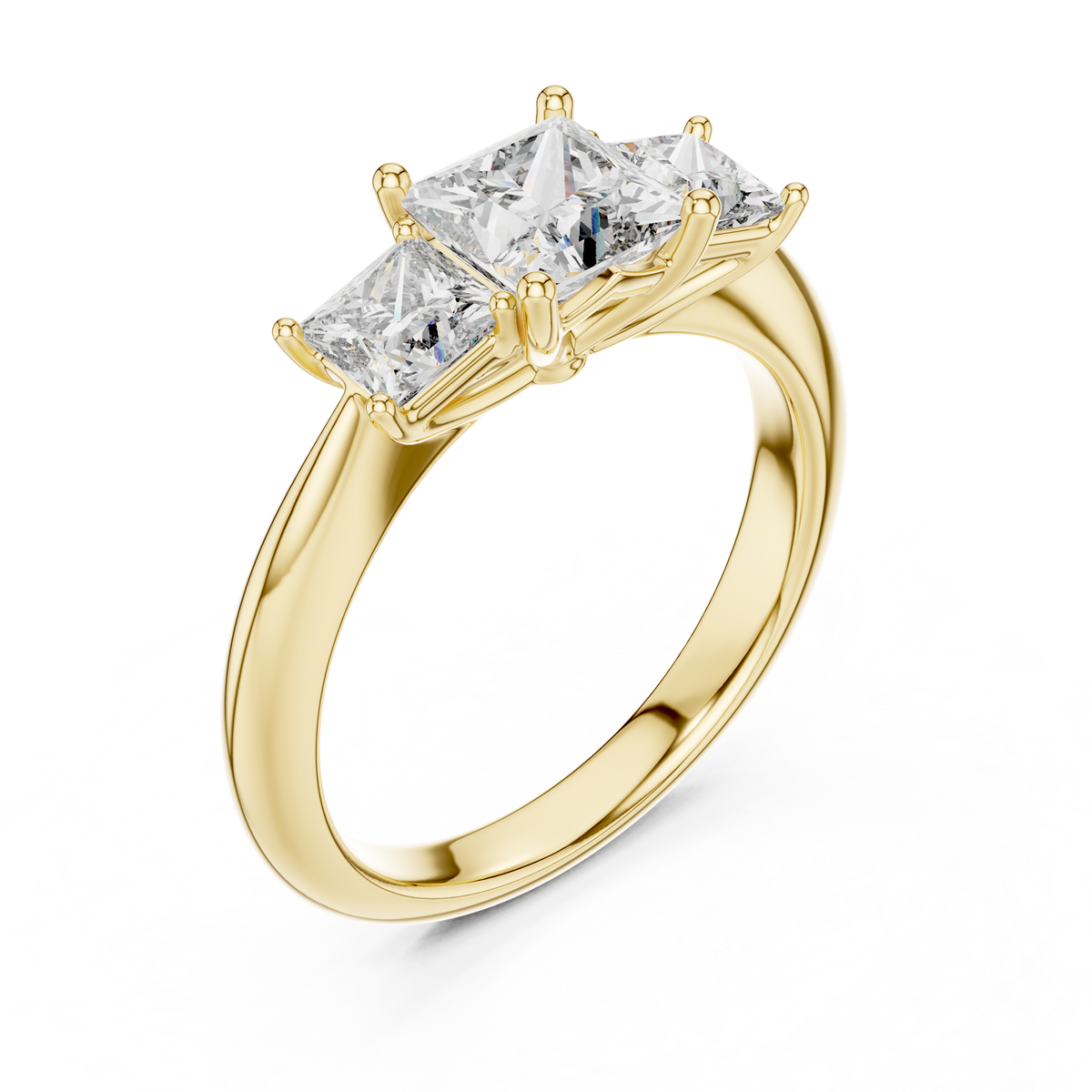 Yellow gold lab grown diamond princess cut three stone engagement ring, angled view