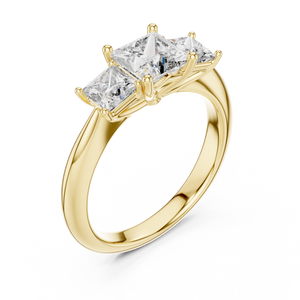Yellow gold lab grown diamond princess cut three stone engagement ring, angled view