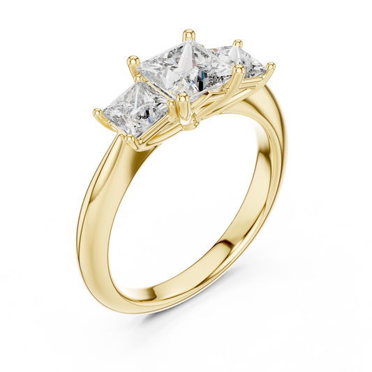 Yellow gold lab grown diamond princess cut three stone engagement ring, angled view