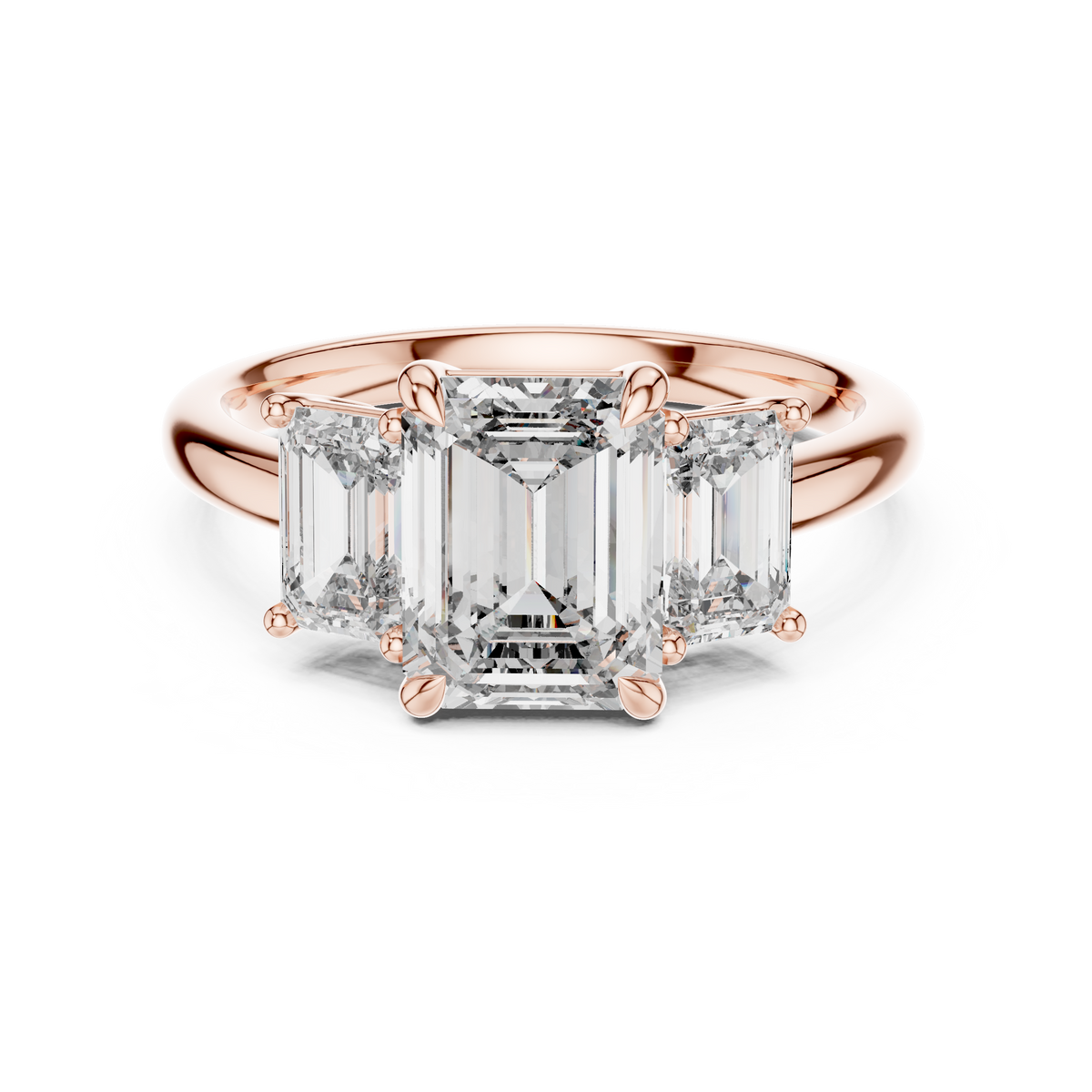 Rose gold 3.00 CTW lab grown diamond emerald cut three stone engagement ring, front view