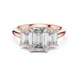 Rose gold 3.00 CTW lab grown diamond emerald cut three stone engagement ring, front view