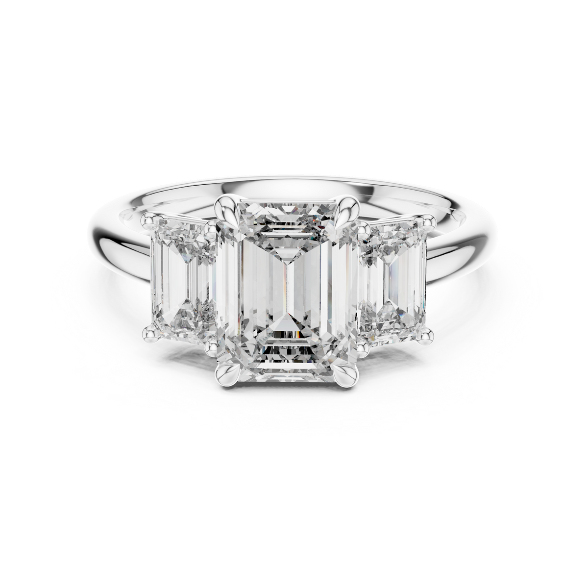 White gold 3.00 CTW lab grown diamond emerald cut three stone engagement ring, front view