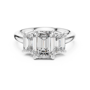 White gold 3.00 CTW lab grown diamond emerald cut three stone engagement ring, front view