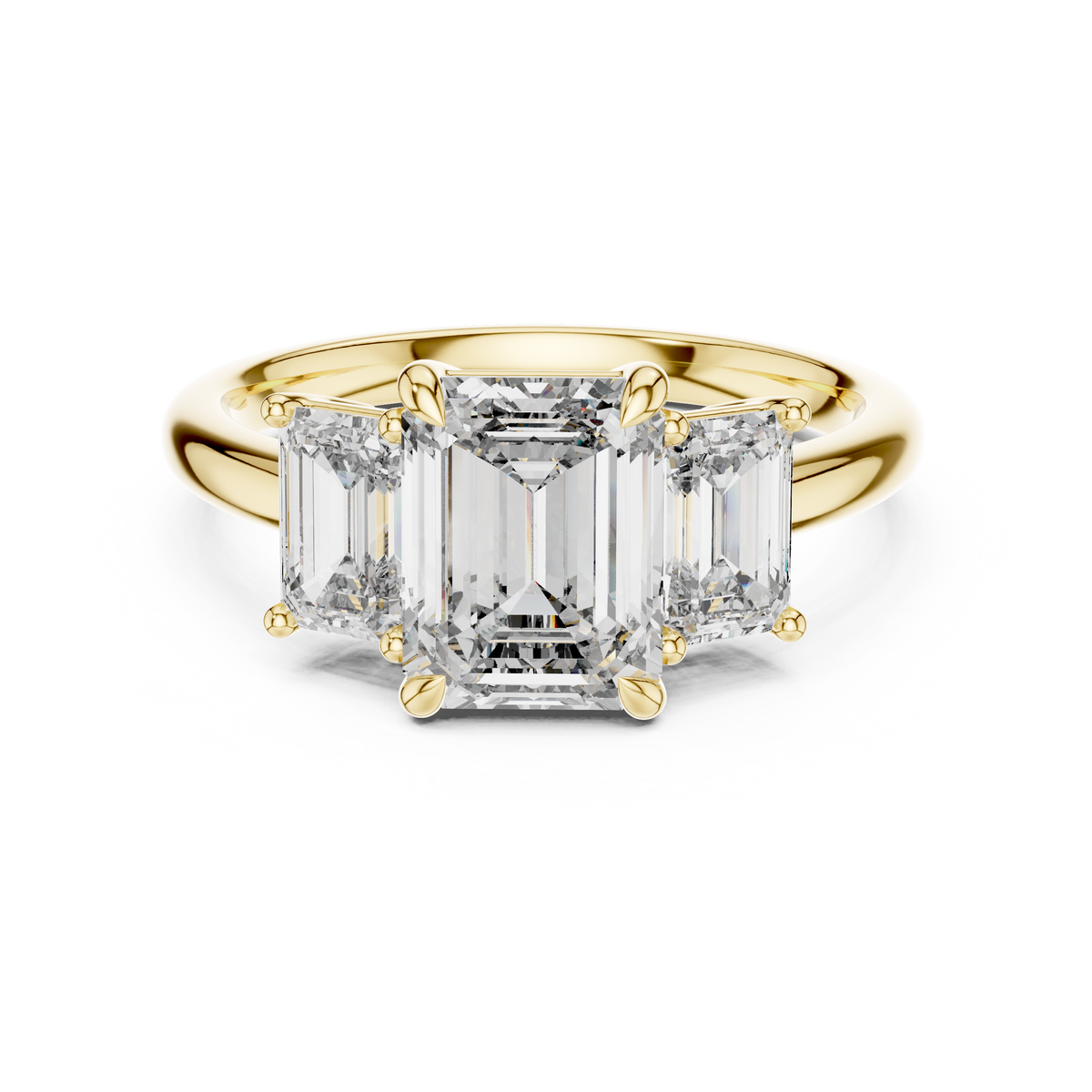 Yellow gold 3.00 CTW lab grown diamond emerald cut three stone engagement ring, front view