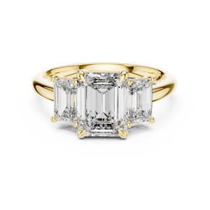 Yellow gold 3.00 CTW lab grown diamond emerald cut three stone engagement ring, front view