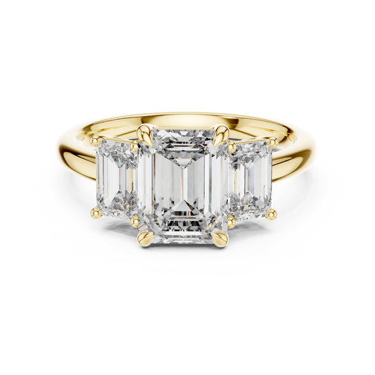 Yellow gold 3.00 CTW lab grown diamond emerald cut three stone engagement ring, front view