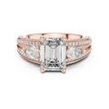 Rose gold 3.10 CTW lab grown diamond emerald and pear three stone engagement ring, front view
