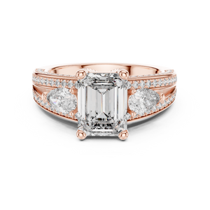 Rose gold 3.10 CTW lab grown diamond emerald and pear three stone engagement ring, front view