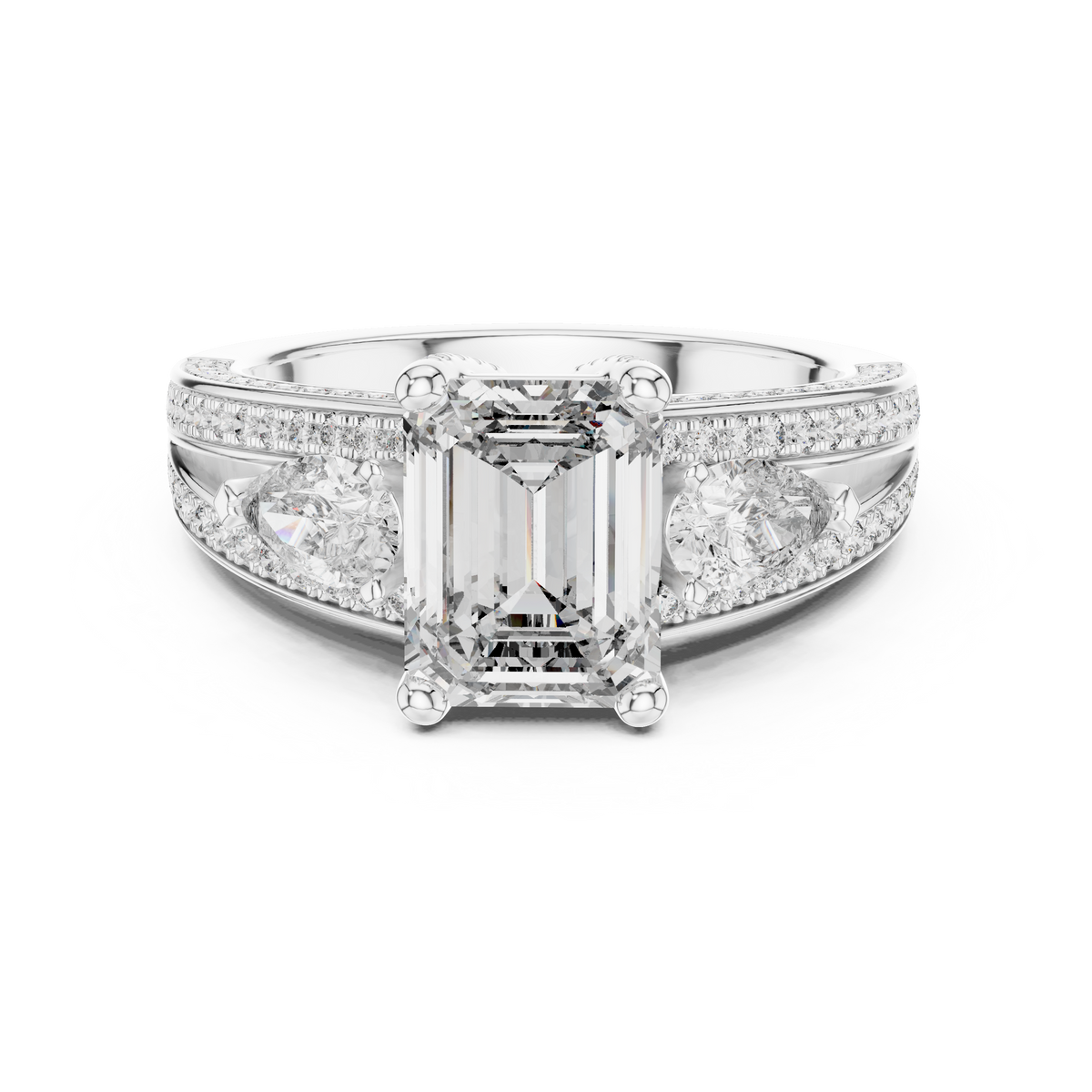 White gold 3.10 CTW lab grown diamond emerald and pear three stone engagement ring, front view