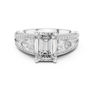 White gold 3.10 CTW lab grown diamond emerald and pear three stone engagement ring, front view