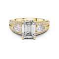 Yellow gold 3.10 CTW lab grown diamond emerald and pear three stone engagement ring, front view