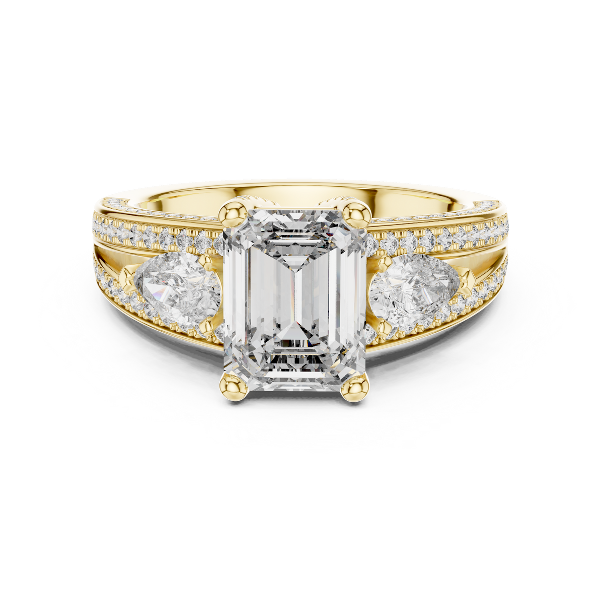 Yellow gold 3.10 CTW lab grown diamond emerald and pear three stone engagement ring, front view