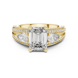 Yellow gold 3.10 CTW lab grown diamond emerald and pear three stone engagement ring, front view