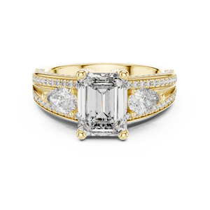 Yellow gold 3.10 CTW lab grown diamond emerald and pear three stone engagement ring, front view