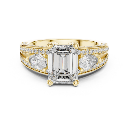 Yellow gold 3.10 CTW lab grown diamond emerald and pear three stone engagement ring, front view