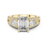 Yellow gold 3.10 CTW lab grown diamond emerald and pear three stone engagement ring, front view