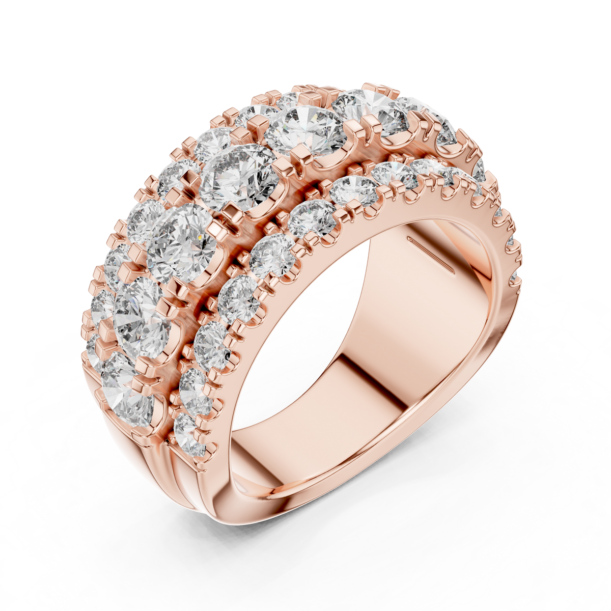 Rose gold lab grown diamond round cut wide anniversary band, angled view