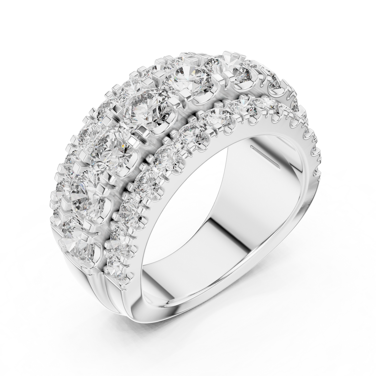 White gold lab grown diamond round cut wide anniversary band, angled view