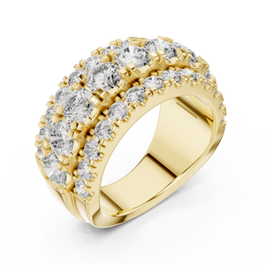 Yellow gold lab grown diamond round cut wide anniversary band, angled view