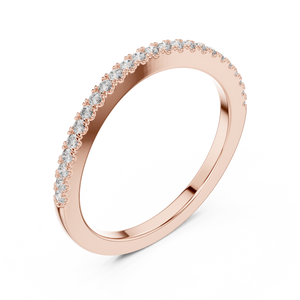 Rose gold lab grown diamond round cut half eternity wedding band, angled view