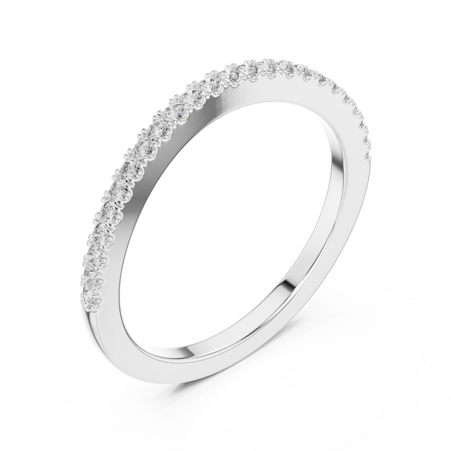 White gold lab grown diamond round cut half eternity wedding band, angled view