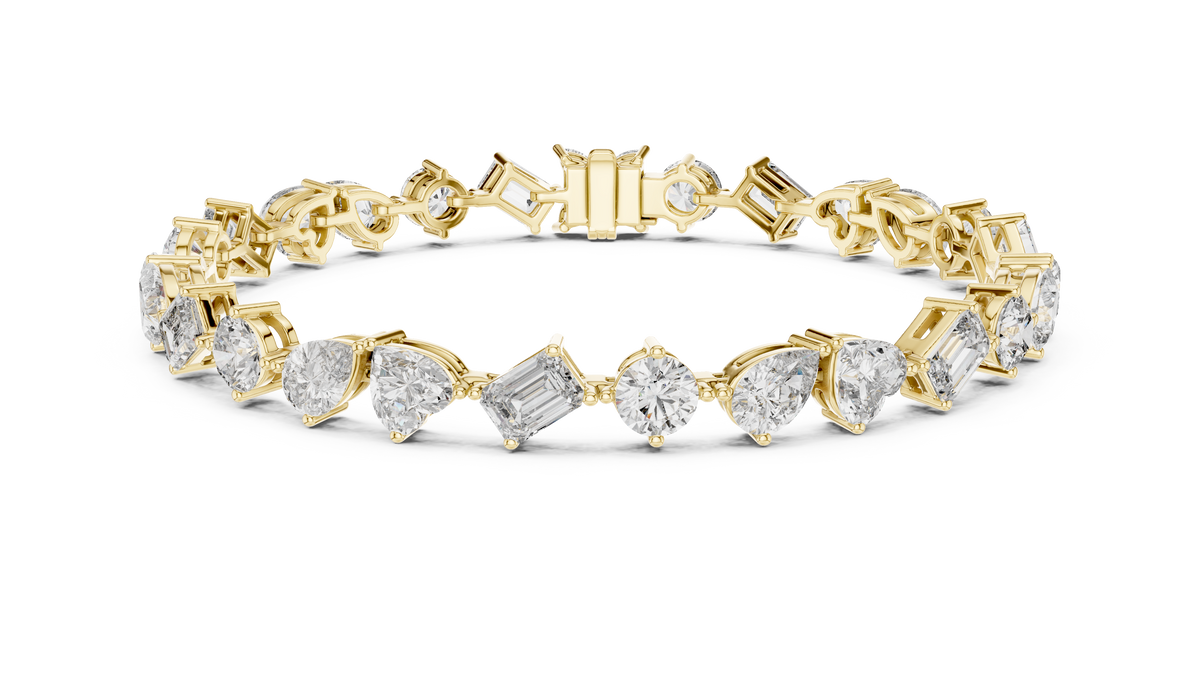 Yellow gold 10.29 ct multi-shape diamond tennis bracelet, front view