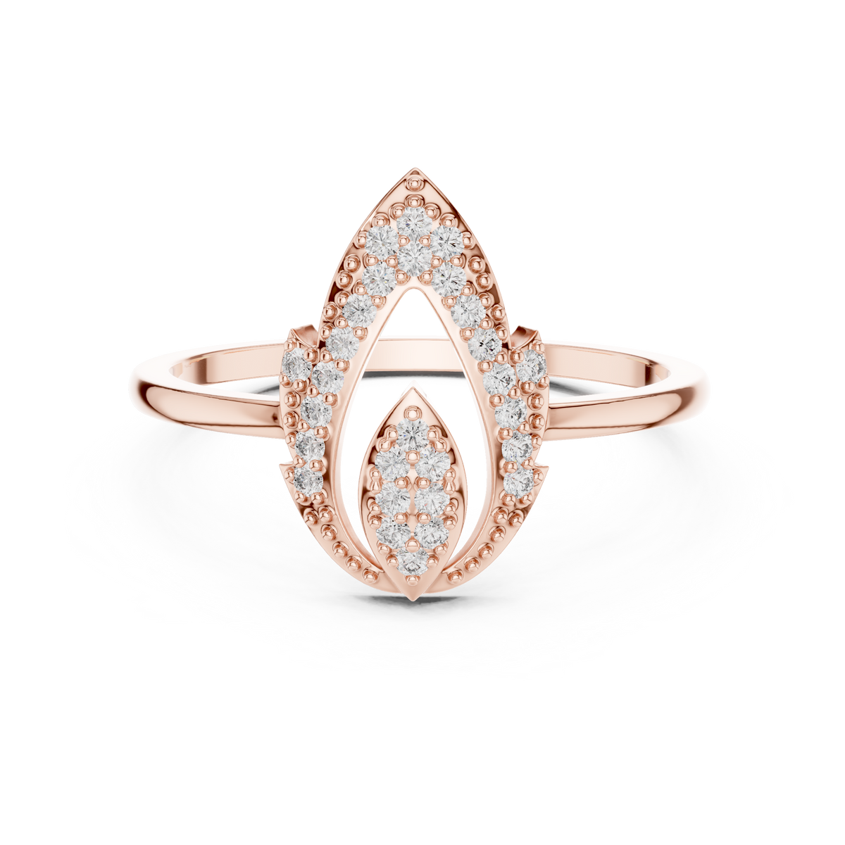 Rose gold open marquise lab grown diamond ring, angled view
