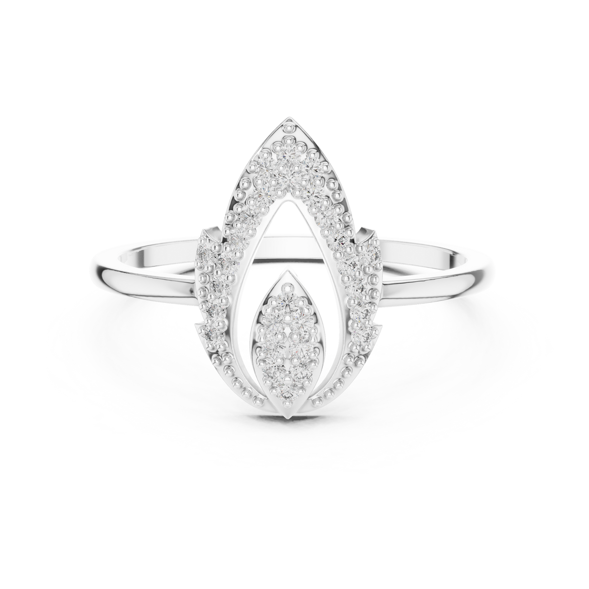 White gold open marquise lab grown diamond ring, angled view