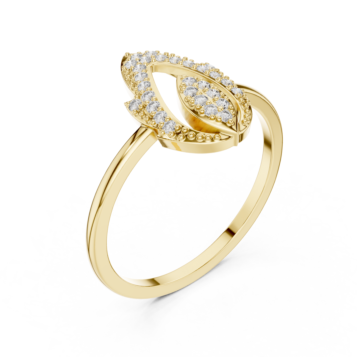 Yellow gold open marquise lab grown diamond ring, side view