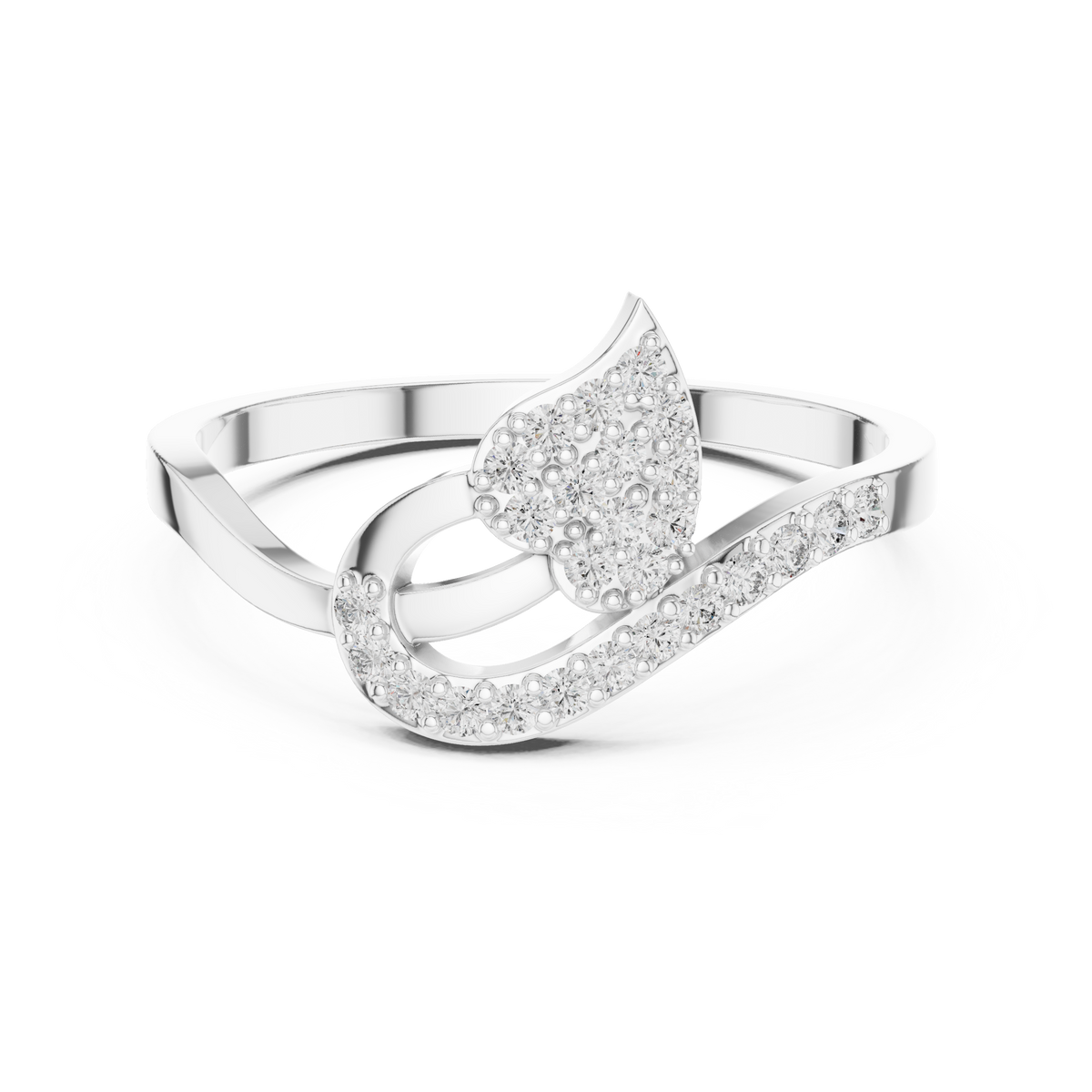 White gold leaf swirl lab grown diamond ring, angled view
