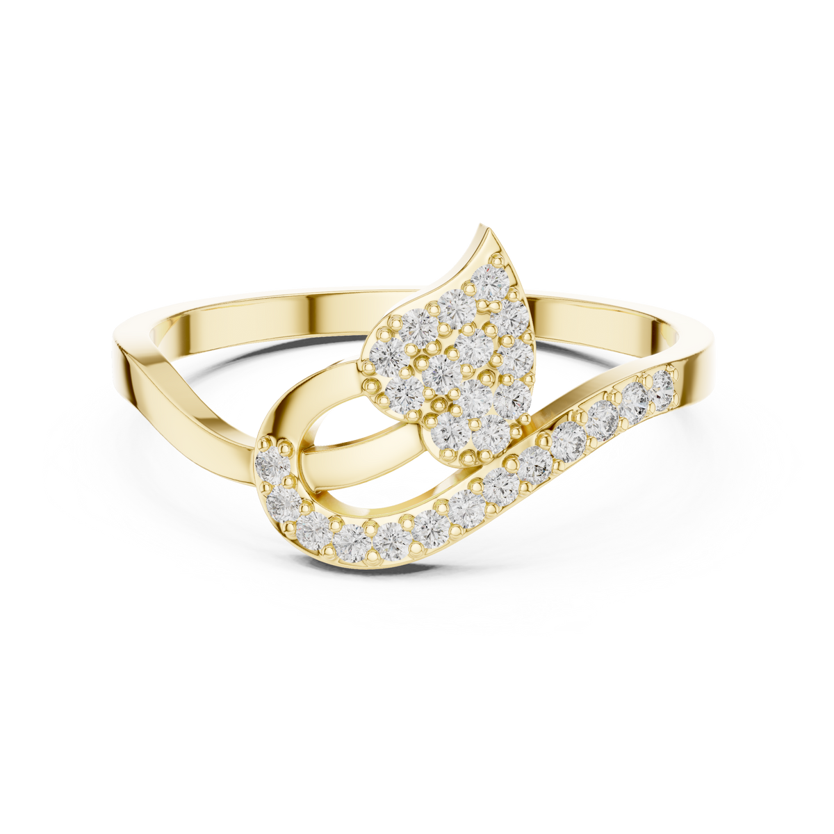 Yellow gold leaf swirl lab grown diamond ring, angled view