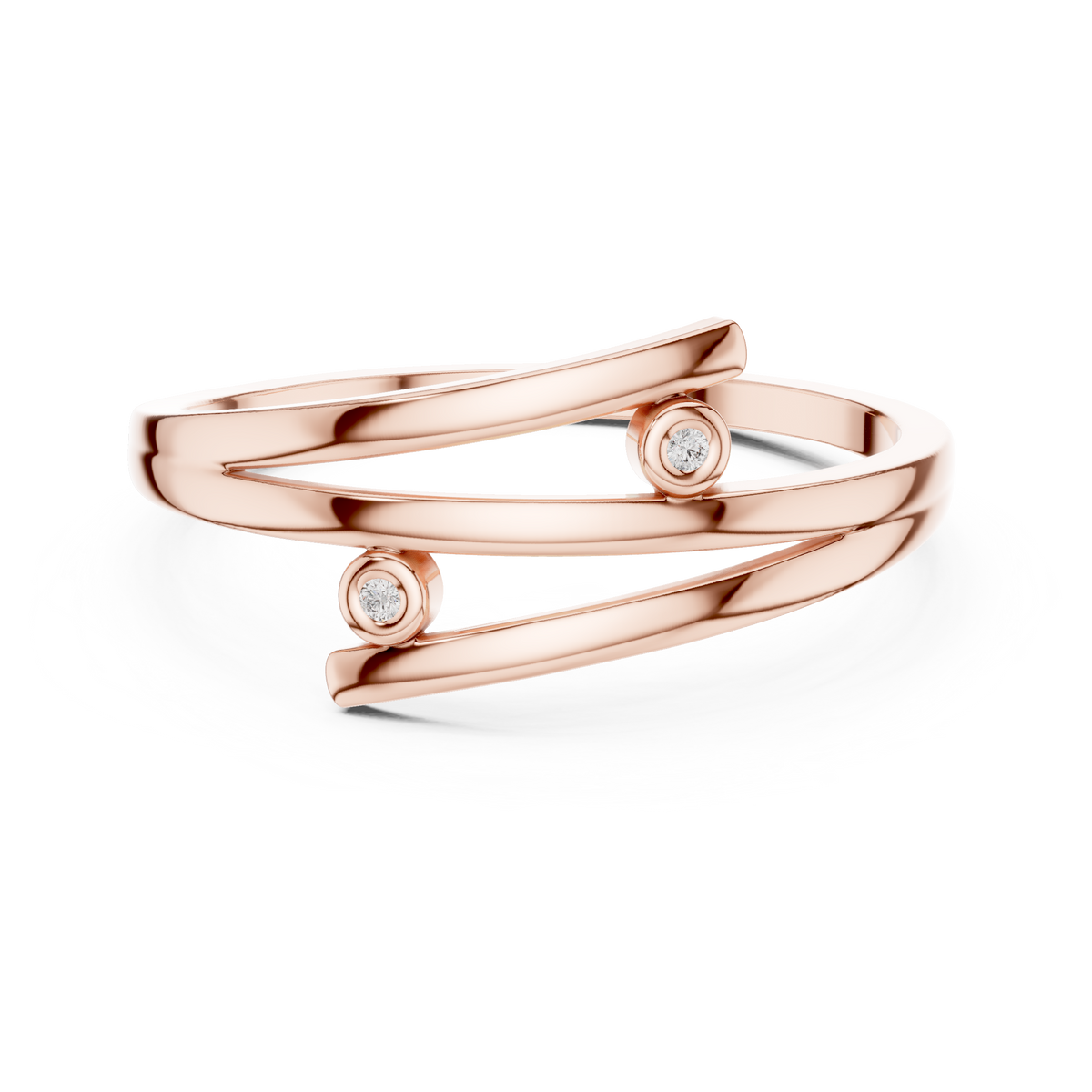 Rose gold two stone open wrap lab grown diamond ring, angled view