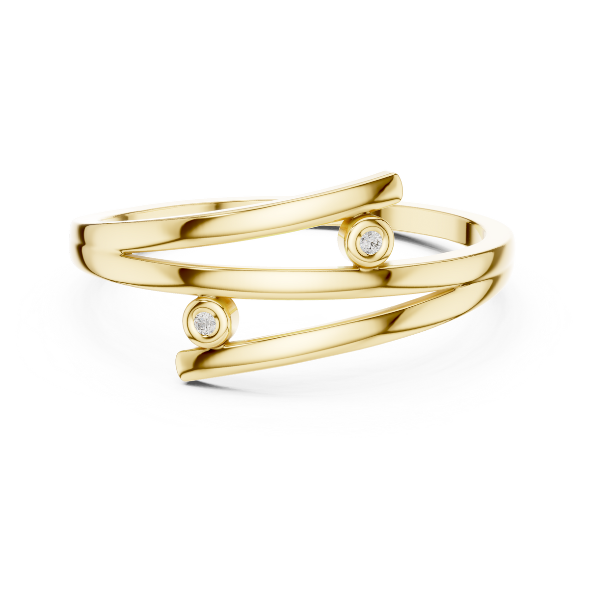 Yellow gold two stone open wrap lab grown diamond ring, angled view