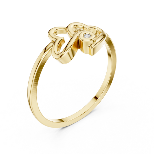 Yellow gold interlocking hearts lab grown diamond ring, side view