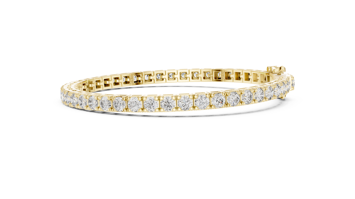 Yellow gold round diamond tennis bracelet, side view