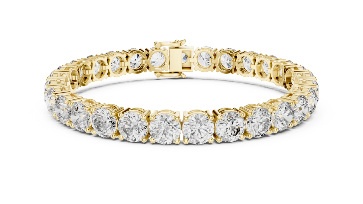 Yellow gold 24.65 ct round diamond tennis bracelet, front view