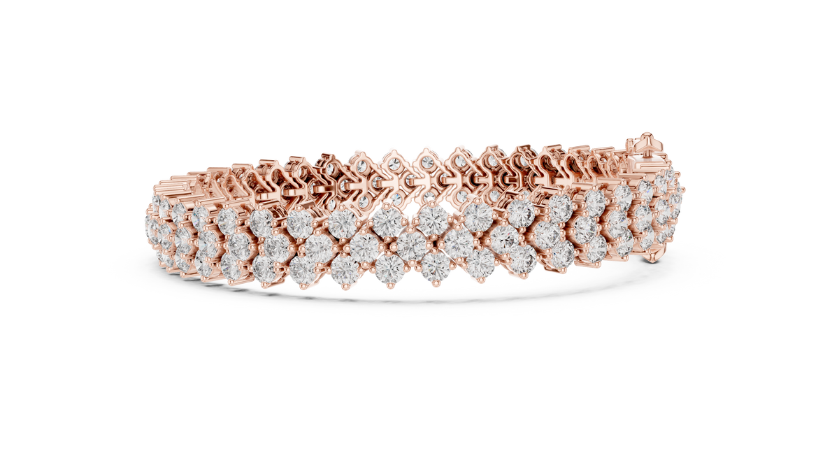 Rose gold three-row diamond tennis bracelet, side view