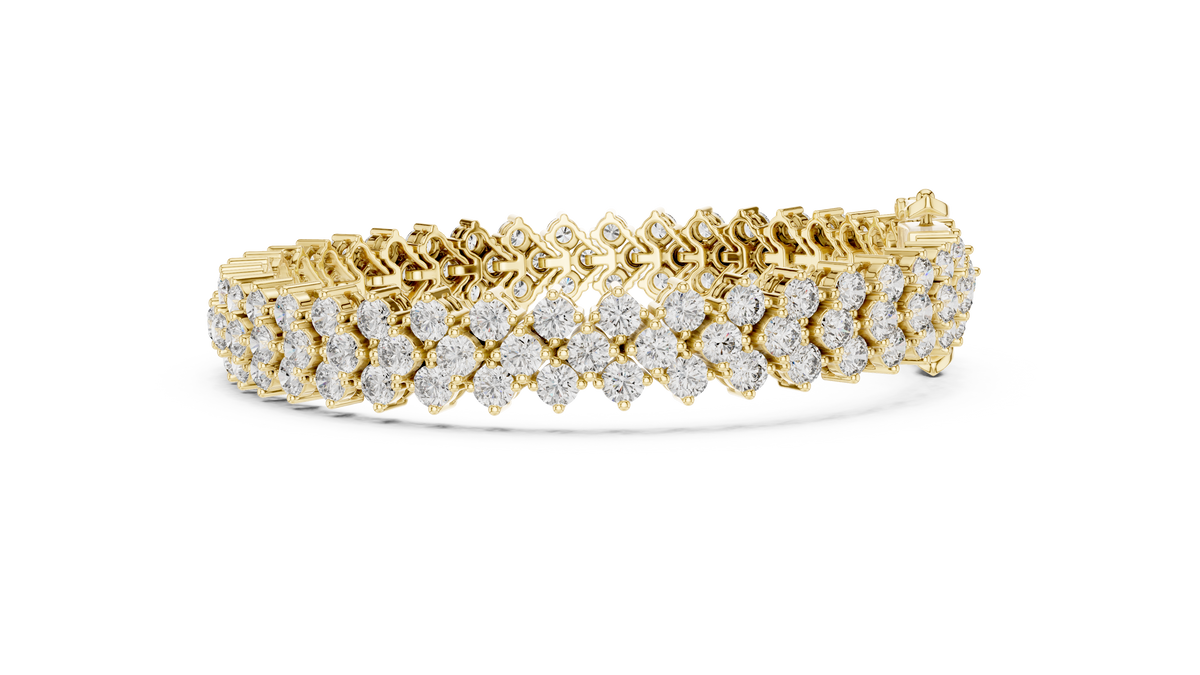 Yellow gold three-row diamond tennis bracelet, side view
