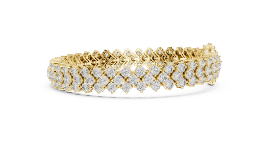 Yellow gold three-row diamond tennis bracelet, side view