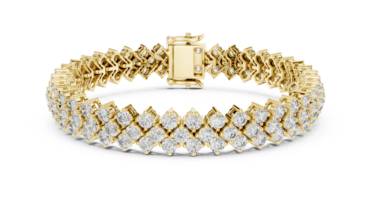 Yellow gold 6.00 ct three-row diamond tennis bracelet, front view