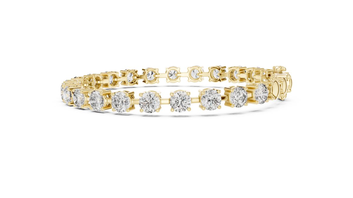 Yellow gold round diamond tennis bracelet, side view
