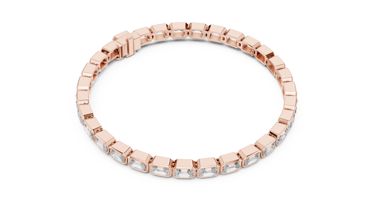 Rose gold emerald cut bezel set diamond tennis bracelet, angled view