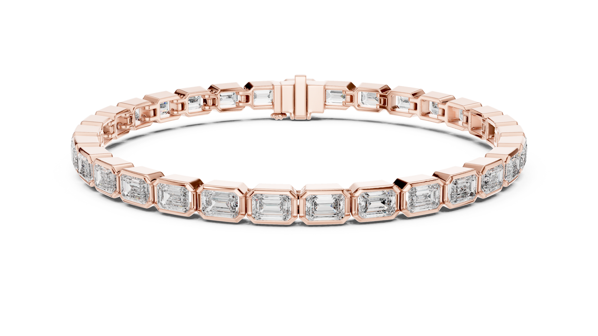 Rose gold 9.30 ct emerald cut bezel set diamond tennis bracelet, front view