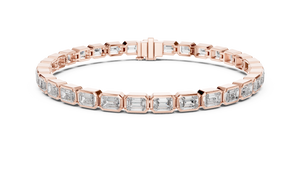 Rose gold 9.30 ct emerald cut bezel set diamond tennis bracelet, front view