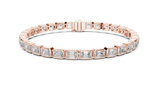 Rose gold 9.30 ct emerald cut bezel set diamond tennis bracelet, front view