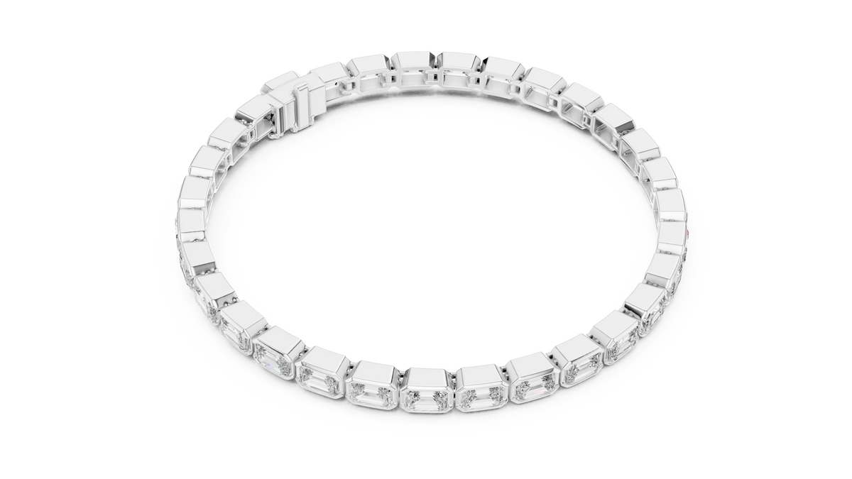 White gold emerald cut bezel set diamond tennis bracelet, angled view