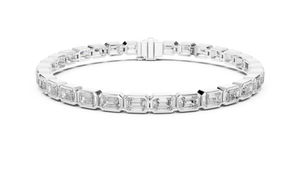 White gold 9.30 ct emerald cut bezel set diamond tennis bracelet, front view