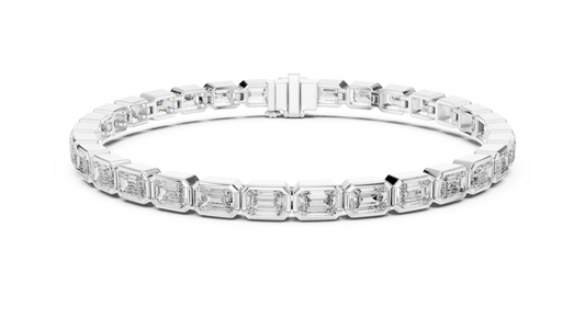 White gold 9.30 ct emerald cut bezel set diamond tennis bracelet, front view