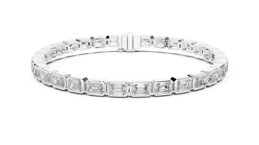 White gold 9.30 ct emerald cut bezel set diamond tennis bracelet, front view