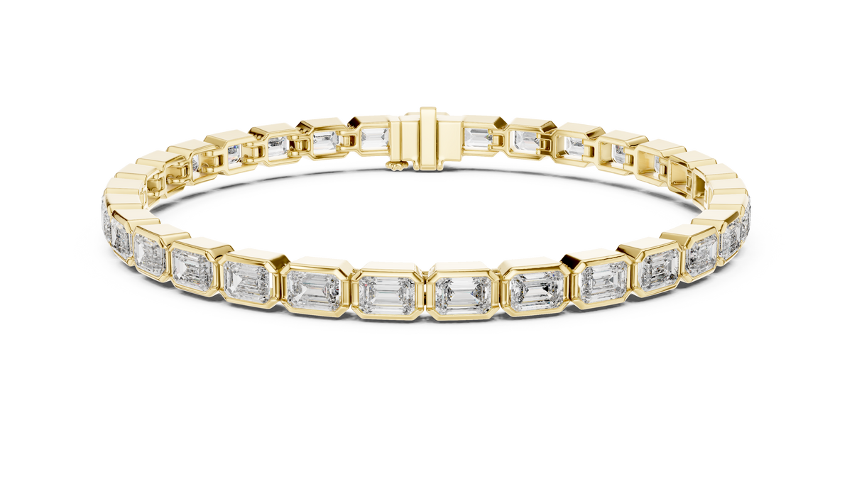 Yellow gold 9.30 ct emerald cut bezel set diamond tennis bracelet, front view